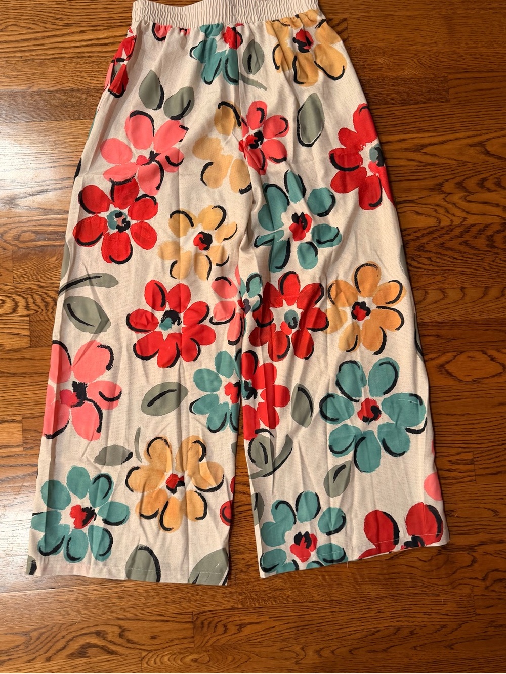 Floral Wide-Leg soft polyester Pants - White with Multicolor Flowers - Picture 2 of 6